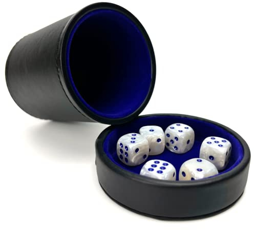 Luck Lab Black Leather Dice Cup with Lid Including 6 Matching Pearl Dice - Blue Velvet Interior for Quiet Shaking - Use for Liars Dice Farkle Yahtzee Board Games, Black