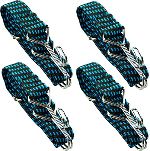 Elásticos Transporte,Tensores Cuerdas con Ganchos,4 Eslingas de Carga de 1M,Cinchas de Amarre para Baca Coches, Toldos, Moto, Maleteros, Portabicicletas, Azul Y Negro