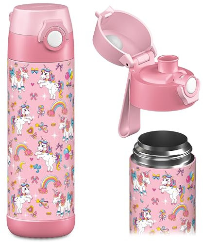 Jarlson® Trinkflasche Kinder Edelstahl MALI [THERMOSFLASCHE] - Kindertrinkflasche Auslaufsicher - Thermoskanne Kohlensäure geeignet - Thermo Trink Flasche für Schule & Kindergarten (500ml, Einhorn)