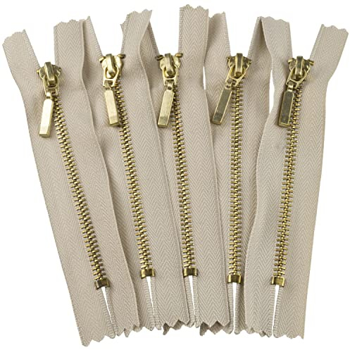 AERZETIX - C61446 - Juego de 5 Cremalleras no separables 10cm en metal con tirador decorativo - color: beige - cursor vaqueros chalecos marroquinería costura vestido pantalones mercería