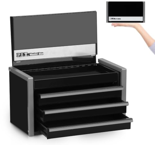 P.I.T. Mini Tool Box for Desk,3 Drawer Metal Box for Tools Storage,Black | 21.8 cm Length Small Size,Magnetic Tab Locking,Sturdy Alloy Material,Compatible with the Bottom Toolbox