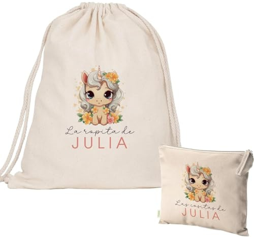 EVYRE | Pack Bolsa y Neceser | Mochila Infantil Personalizada Con Nombre | Mochila Niña/o + Neceser Bebe Guarderia | Mochila de Cuerdas Niño/a Algodón Orgánico | Bolsa Merienda Infantil | Unicornio
