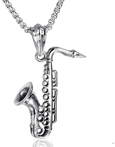Collier saxophone pour homme - Collier avec pendentif en forme d'instrument de musique de jazz - Chaîne de 60 cm - Pendentif en acier inoxydable - Pour saxophone punk rock - Bijoux, Acier inoxydable