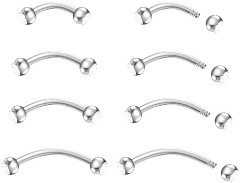 NewkeepsR Titan 4 Paare -1,2mm Piercing mit klarem Edelstein und Kugel oben,gebogener Barbell-Bananenstab,Rook Bridge Helix-Augenbrauenringe,vertikaler Labret-Piercing-Schmuck in 6mm/8mm/10mm/12mm