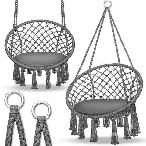 tillvex Hamac Chaise Suspendu 200kg | Chaise Relax à Franges - Intérieur et Extérieur | Hamac avec Coussins Confortables de Siége | Kit de Suspension