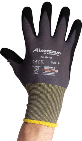 AWOTEX Montagehandschuh Nitril Größe 9 I 24 Stück Arbeitshandschuhe mit Nitrilschaum-Beschichtung I Gummi Handschuhe I Work Gloves 90% Nylon I Handschuhe Arbeitshandschuhe wasserdicht