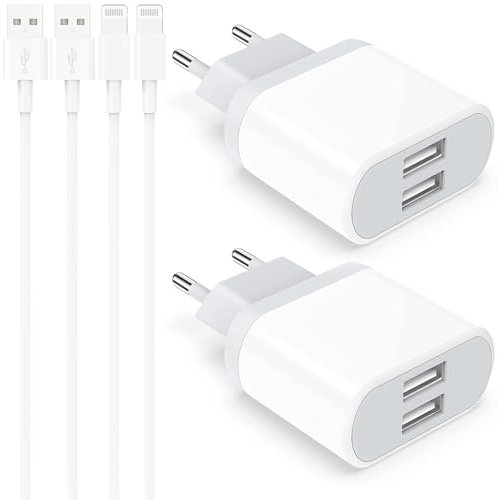 Cargador for iPhone, 4-Pack 2M Cable y USB Enchufe per iPhone XR X XS 8 7 6 6S SE 11 12 13 14 Pro MAX Plus Mini 5 5S 5C, 10.5W USB Rápida Charger Adaptador Cabezal Carga Pared Corrient Nisiyama