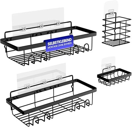 Rome® 4 x Duschablage ohne Bohren Edelstahl (selbstklebend) schwarz - Duschkorb & Ablage für Badezimmer & Shampoo mit Saugnapf - Bad Duschregal & Ablage zum Kleben bis 12kg - Bathroom Organizer Shelf