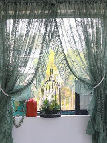 Ricemru Rokoko Scheibengardinen Spitze Vintage Landhaus Blumen Muster Dunkelgrün mit Rüschen Transparent Spitzegardinen Spitzevorhang Voile Bistrogardine Kurzstores Gardinen Wohnzimmer Küche