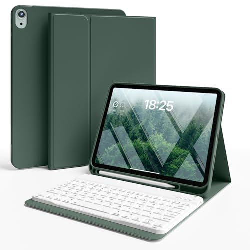 JKSML Hülle mit Tastatur für iPad (A16) 11./10.Gen 11/10.9 Zoll (2025/2022) | Soft TPU Rückschale mit Stifthalter, Abnehmbarer Bluetooth Tastatur, QWERTZ Layout, Dunkelgrün