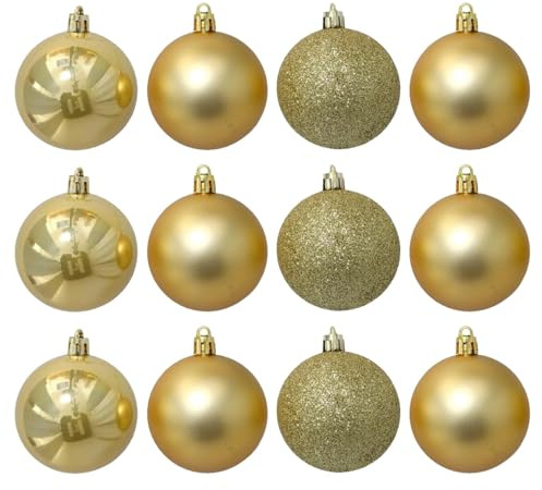 Tradineur - Pack de 12 Bolas de Navidad Modelos Surtidos - Fabricado en Plástico - Cordón Dorado - Decoración de Navidad - Ø 6 cm - Color Dorado