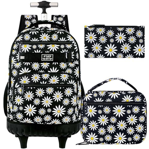gxtvo Rolling Backpack for Womens and Mens, Adults Wheeled Bookbag with Lunch Box for Girls and Boys., Chrysanthemum Black, L, Chrysanthemum Black