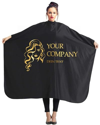 Ferocity personlig frisörkappa för frisörsalong 140 x 110 cm svart professionell salongförkläde skönhetssalong och hemmabruk gyllene huvud med din text [111], Golden Head Your Company, Einheitsgröße