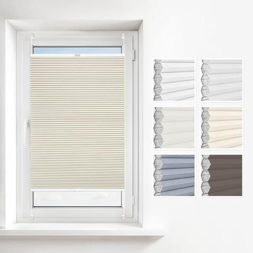 Estika Wabenplissee ohne Bohren 30x230 cm Farbe: Beige Verdunkelung und Thermo Plissee für Fenster erhältlich mit Montagezubehör