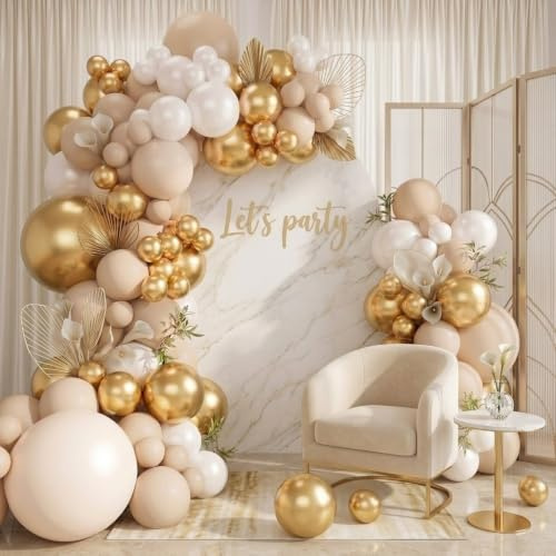 Ballonggirlang, beige, vit och guld, 102 delar, ballongdekoration för födelsedag, bröllop, baby shower-fest, födelsedag, förlovning och examensfest