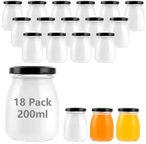 MUXHEL 18 Stück 200ml Joghurtgläser mit Schwarzen Deckel, Kleine Gläser Glasgefäß, Mini Pudding Joghurt Glasflaschen für Marmelade Honig Gelee Mousse Gewürz