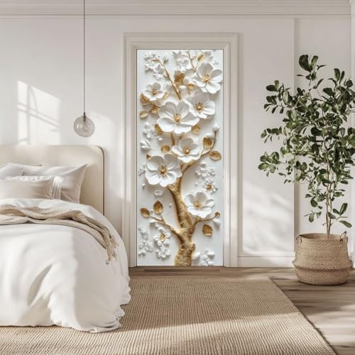 arricraft 2 Stück Selbstklebender Türaufkleber 80cm X 200cm /31.5X78.7 3D Blumen Und Goldener Zweig Tür Wandbilder Aufkleber PVC Tür Abnehmbare Tapete Dekoration Für Schlafzimmer Wohnzimmer
