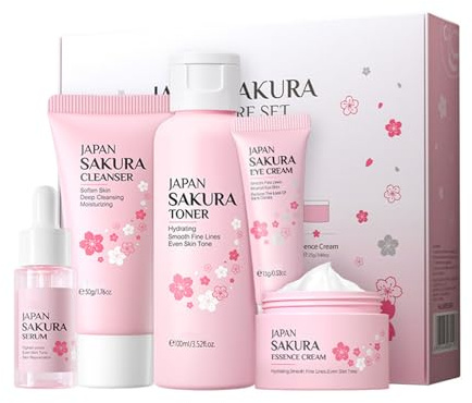 Sakura Skin Care Set, Mothers Day Gift Set, Skin Care Sets & Kits, Skincare Set Products with Face Serum,Cleanser,Eye Cream,Face Cream,Toner,Travel Skin Care Moisturizing Essentials Set - 5PCS
