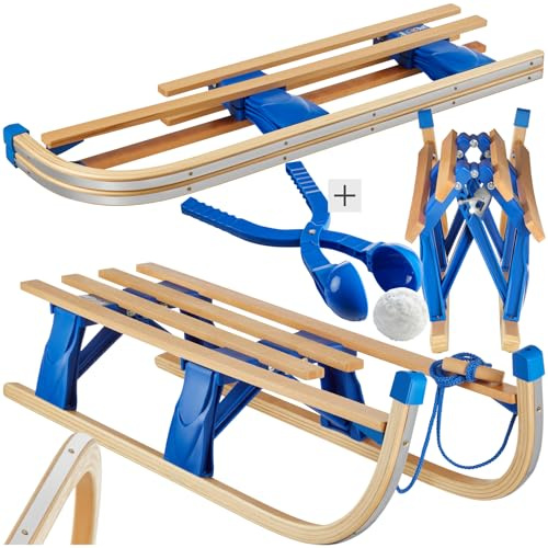 tectake® Foldable Wooden Sledge in Slatted Design, Snow Sledge in Beech Wood with 130 kg Load Capacity, Steel Runners & Tear-Resistant Tow Rope, Large Sled for up to 2 Children, Incl. Snowball Maker