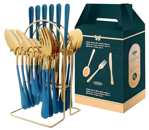 FATASH Cutlery Set with Stand (Blue Gold, 24 Piece) Stainless Steel Cutlery Set for 6 People, Dishwasher Safe Mirror Polished Knives, Forks, Spoons & Teaspoons with Hanging Organiser - Gift Box
