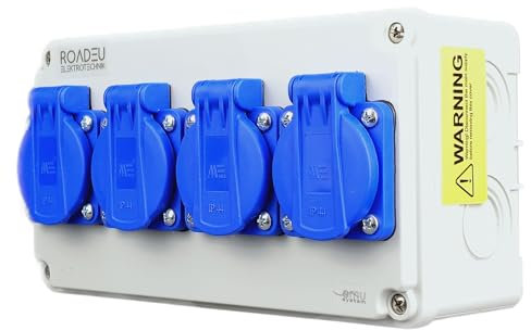 RoadEu - Steckdosenverteiler 4x Schuko 230V. Stromverteiler IP44 Für den Innen- und Außeneinsatz, Baustromverteiler 16A. Außensteckdose 4x 230V Schuko für Indoor Outdoor-Bereich