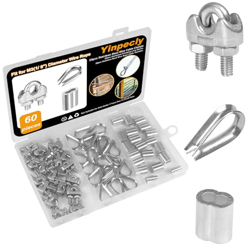 Yinpecly 20pcs M3 Stainless Steel Wire Rope Cable Clip Clamp, 20pcs M3 Stainless Steel Thimble,20pcs M3 Aluminum Crimping Loop for 1/8 Diameter Wire Rigging Tent Rope Guard Railing System