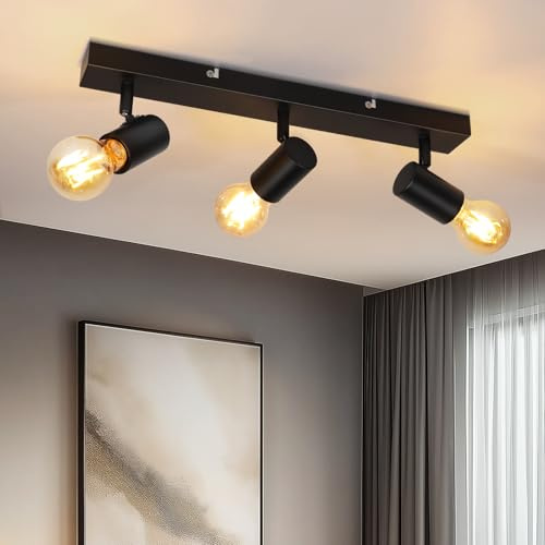 Dehobo Lámpara de Techo LED con 3 Focos Ajustables E27, Plafón Moderno Negro Rectangular para Interior (Sin Bombillas) – Apliques Techo Giratorio, Apliques Techo para Salon, Cocina, Pasillo