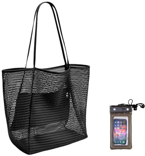 Bolsa de playa grande para mujer, malla con cremallera, bolsillo interior plegable, cesta, ligera