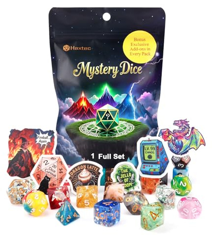 Haxtec Mystery DND Würfel Set, Polyedrische RPG Geschenke für Spieler | 5er-Pack Kunststoff-Polyederwürfel-Sets mit Aufklebern, perfekt für D&D, Pathfinder, TTRPG, Überraschungsgeschenk für Spieler