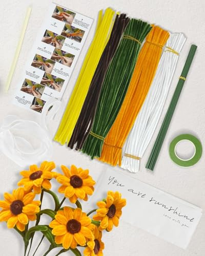 TayBong 210 Piezas Limpiapipas para Manualidades, 5 Colores de Limpiapipas para Ramo de Girasol, Tallos de Chenilla Limpiador de Pipas de Flores con Instrucciones, Alambre, Cinta y Cintas