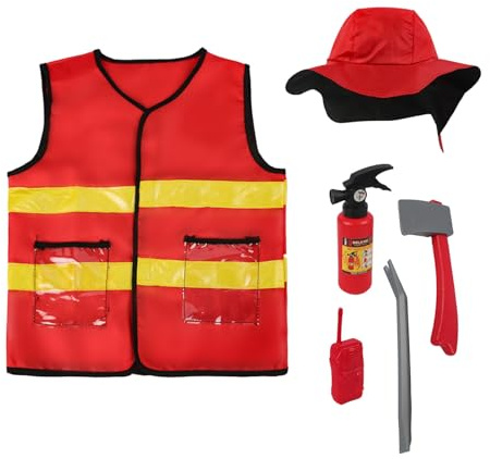 Kids Role Play Fireman Costume Dress Up Firefighter Outfit with Vest Hat Fire Extinguisher Axe Crowbar Walkie-talkies Fun Pretend Role Play Toys for Boys and Girls, Halloween Cosplay Fancy Dress