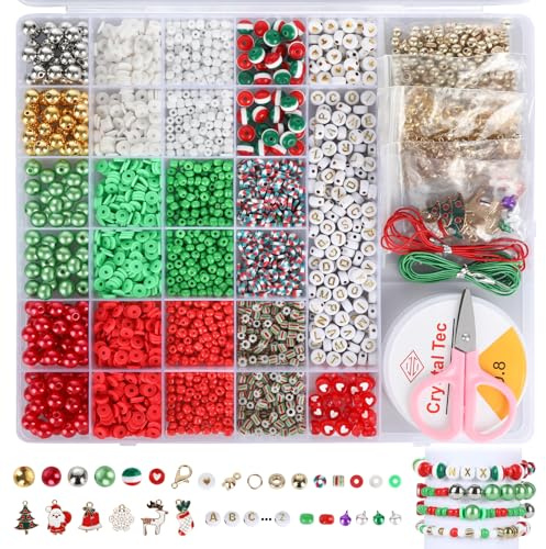 2753 Stück Weihnachten Perlen Set, 28 Verschiedene 8mm/4mm Weihnachten Perlen für Armbänder mit Buchstaben Perle, Bunt Perlen und Verschiedene Anhänger, Schmuck Selber Machen Set für Geburtstage