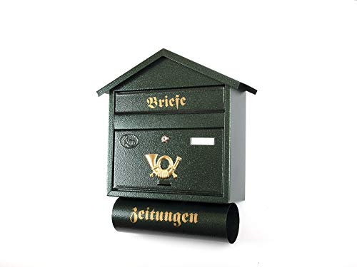 XXL Briefkasten Postkasten Zeitungsrolle Namenschild Wandmontage Spitzdach (Antik Grün)