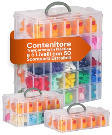 Avilia Organizer Trasparente a 5 Livelli con 50 Scomparti Estraibili - Contenitore Modulare Impilabile per Minuteria, Perline, Accessori Cucito e Make-up - Scatola Portaoggetti Salvaspazio