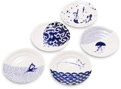 Mino Ware Japanese Porcelain Small Plate Set, 5 Cat Motif Designs, 6.3 in Appetizer and Side Dish Plates, Made in Japan