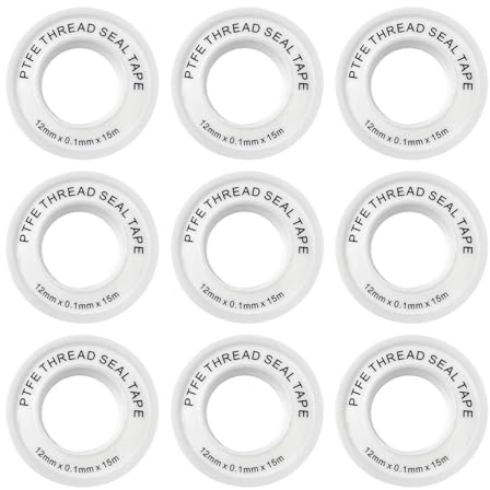 9 Rolls Plumbers Tape,Teflon Tape, PTFE Tape for Tight Leaking Pipe, Anti-Leak Teflon Plumbing Tape for Pipe Fittings, 15M per Pcs, Reliable Sealing Tape for Valves, Faucets Pipes, Shower Head, 12mm X