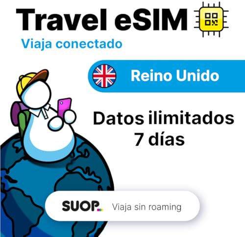 Tarjeta eSIM prepago móvil con Datos ilimitados en Reino Unido. Viaja por UK sin Roaming. Internet móvil de Alta Velocidad 5G. Fácil de Instalar escaneando un código QR (GB ilimitados - 7 días)