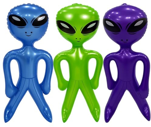 3 StuckAlien Aufblasbar Halloween Deko | Blau, Grün, Lila; 20x45 cm; Für Halloween, Alien-Party, Sci-Fi-Deko, Vielseitig für Themenpartys und Saisonale Feiern