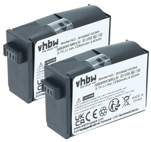 vhbw 2X Batterie Compatible avec Garmin Virb 360 | caméra vidéo caméscope (1250mAh, 3,8V, Li-ion)