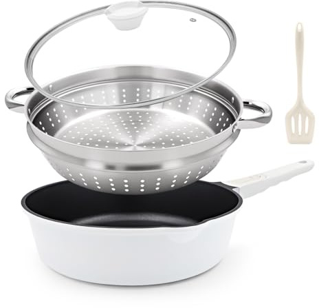 Bobikuke Padella da 28 cm con coperchio, set da 4 pezzi, antiaderente (padella con coperchio, cestello per vapore/colino, spatola in silicone), con manico rimovibile, resistente al forno (bianco-nero)
