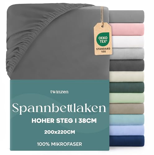 Twinzen - Spannbettlaken 200x220 cm - 100% Mikrofaser - Steghöhe 35cm | Anthrazit · Ultraweich · OEKO-TEX Zertifiziert · Bettwäsche 2 Personen · Für hohe Matratzen · Atmungsaktiv · Pflegeleicht