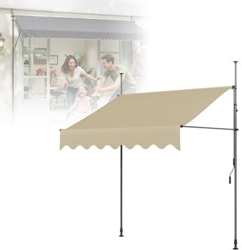 WORDFUN Uteplatsmarkis, infällbar, 1,5 x 1,2 m/3 x 1,2 m fristående solskyddsbaldakin med handkran, utomhus balkong bakgård markis ingen borrning, vattentålig polyester (beige, 400 x 120 cm)