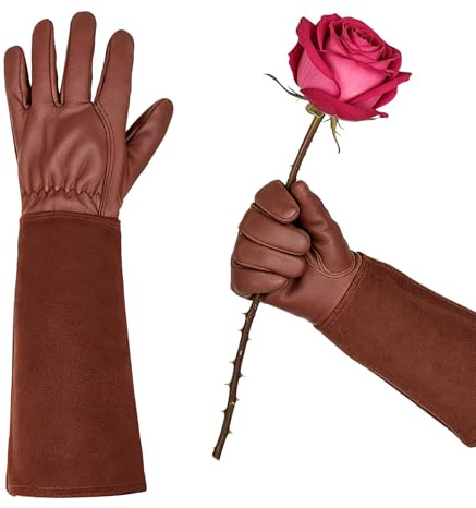 HODUP Guanti in pelle a prova di spine, lunghi guanti da giardinaggio per uomo e donna, traspiranti, in pelle bovina con protezione avambraccio, per giardino e faccende domestiche (marrone, XL)