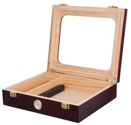 ELAYARD Humidor de Madera Marrón Higrómetro y Humidificador, Caja de Escritorio Divisor y Tapa de Vidrio para Uso en Bares y Viajes