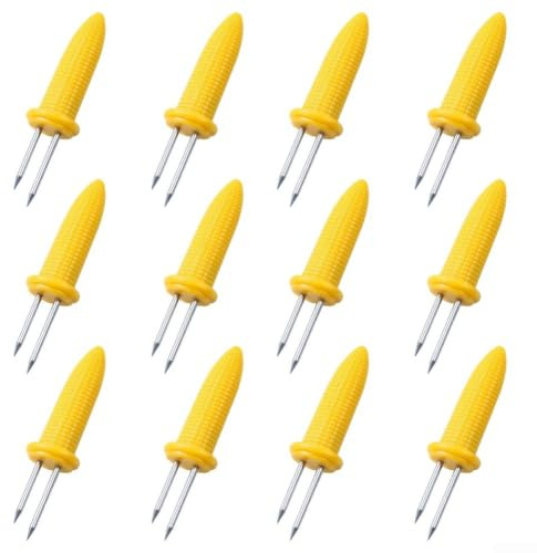 NEIQIUWING Lot de 12 supports pour épis de maïs, fourchettes de barbecue avec poignée, résistantes à la chaleur, pour barbecue, pique-nique, camping, fruits, boulettes de viande, jaunes, faciles à