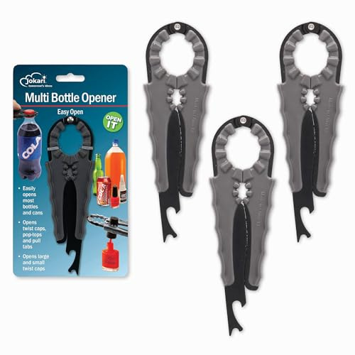 Jokari 3-Pack Multi Bottle Opener – Jar Lid Opener, Can Tab Lifter, Twist Cap Gripper – Ergonomic Kitchen Tool for Weak Hands or Arthritis – Opens Soda, Beer, Nail Polish, and More