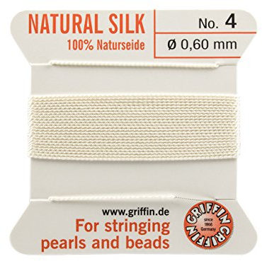 Griffin - Filo/cordino/corda per infilatura di perle e perline, al 100% in seta natural, da 2 metri di lunghezza, con un ago, disponibile in 13 misure, colore: bianco, White, 0.60mm