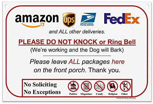 Leave Package Sign - Do Not Knock or Ring Doorbell, Dog Will Bark, 6 x 9 No Rust & Waterproof PVC, Will Not Scratch Hang Sign by SPRYZZLE