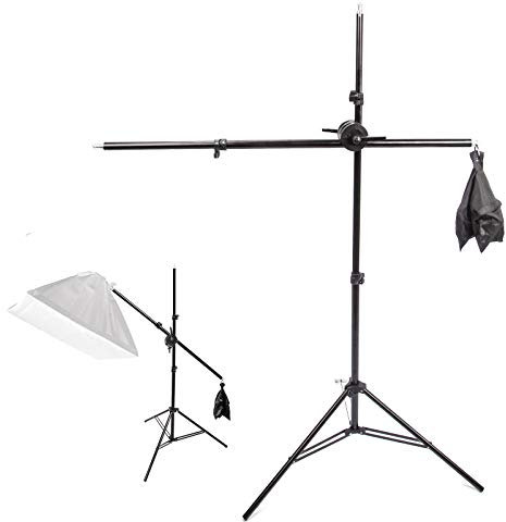 Support d'éclairage Photographie Kit: 1x Support Lumineux Aluminium Réglable 200cm et 1x Trépied Girafe Bras 140cm avec Double Clamp pour Photo Studio Réflecteur, Softbox, Lumière, Parapluie et Fond