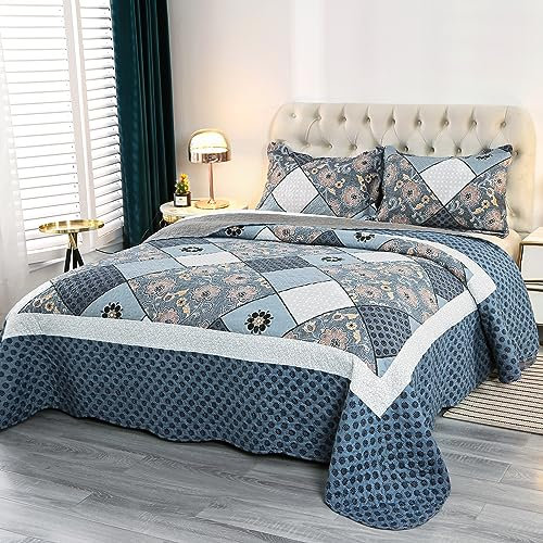 Qucover Copriletto Trapuntato Patchwork 250x270cm, Copriletti per Letto Matrimoniale Estivo & Primaverile, Trapuntino in Microfibra, 3 Pezzi con 2 Federe 50x90cm, Blu Scuro